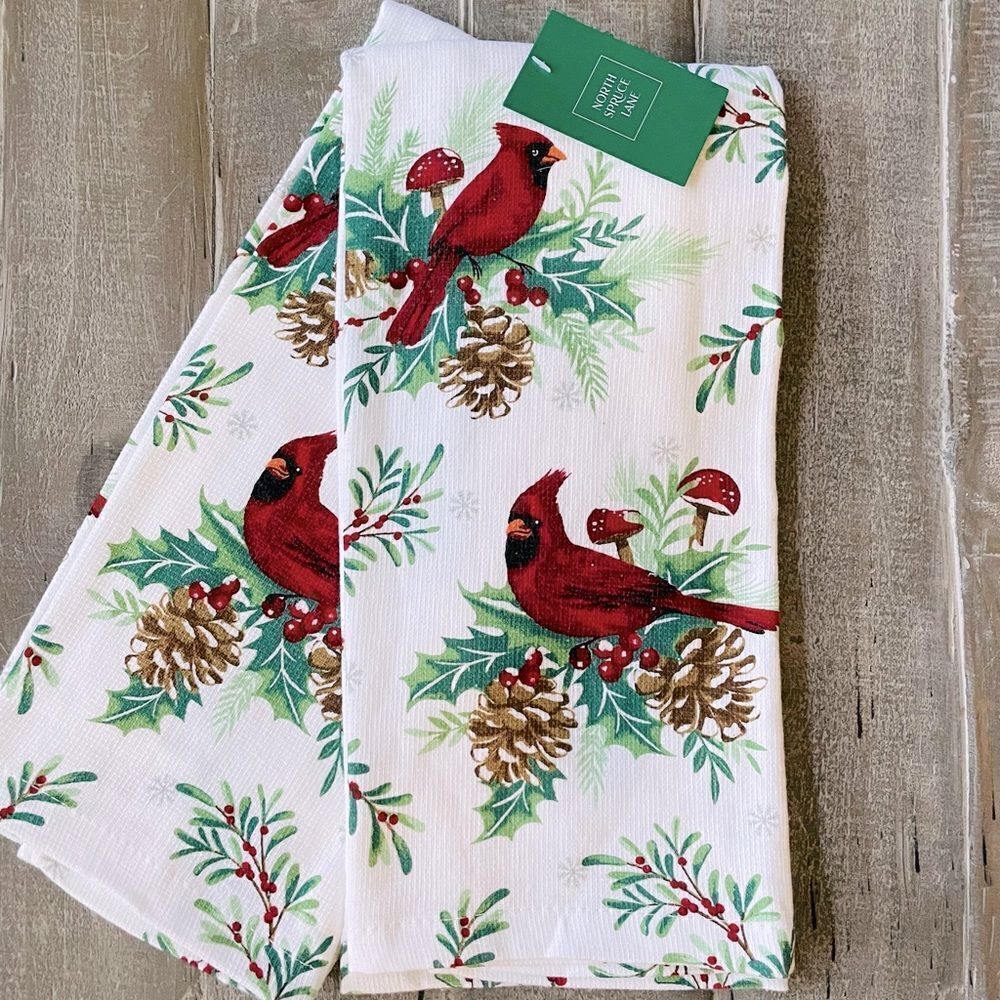Christmas Cardinal Pine Botanical Print Kitchen Dish Towels Set
